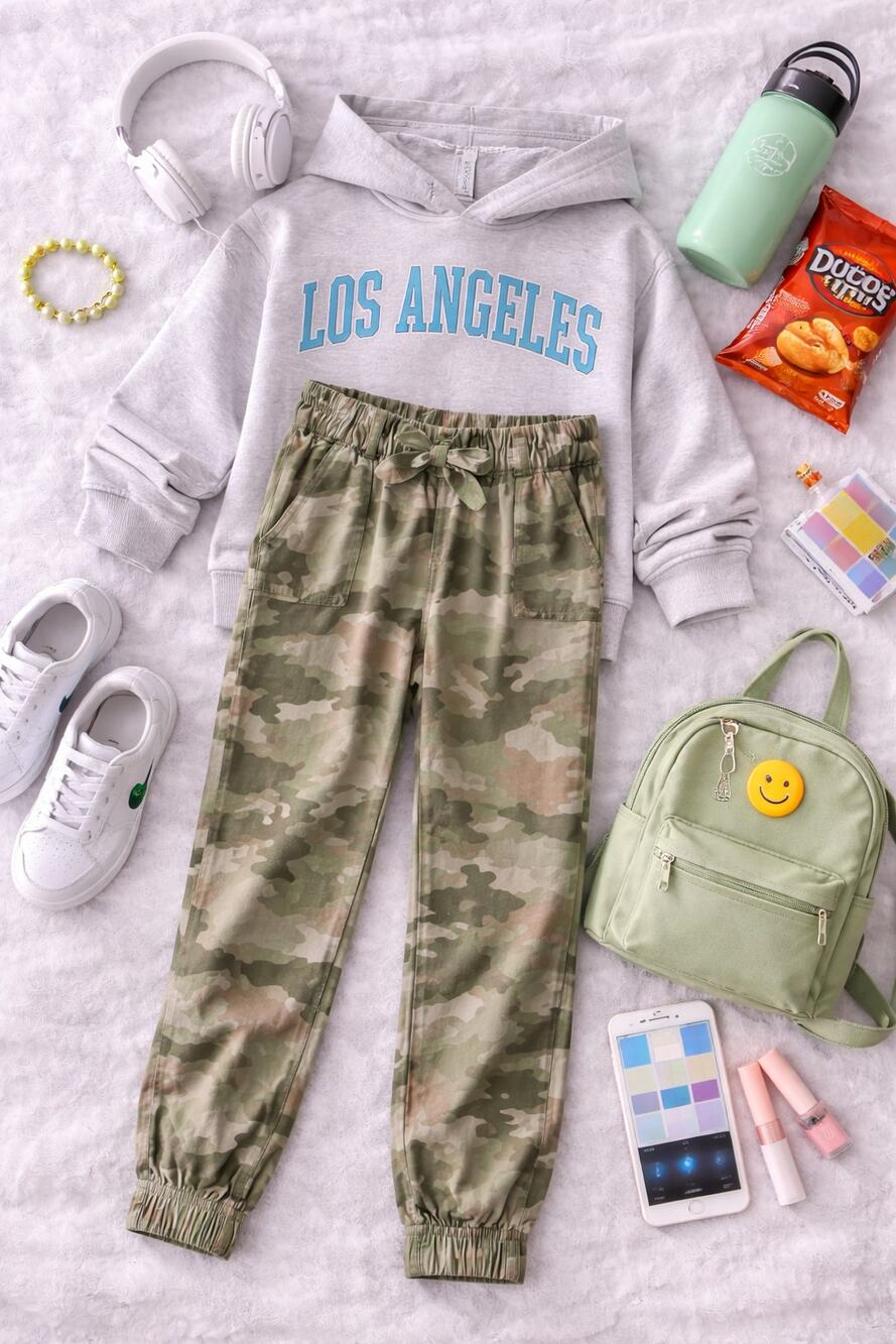 Mini Boden Girls Olive Green Camo Paperbag Tie Waist Jogger Pants Size 12Y